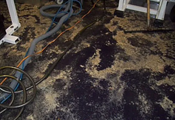 Flood-damaged floor with extraction hoses running across it