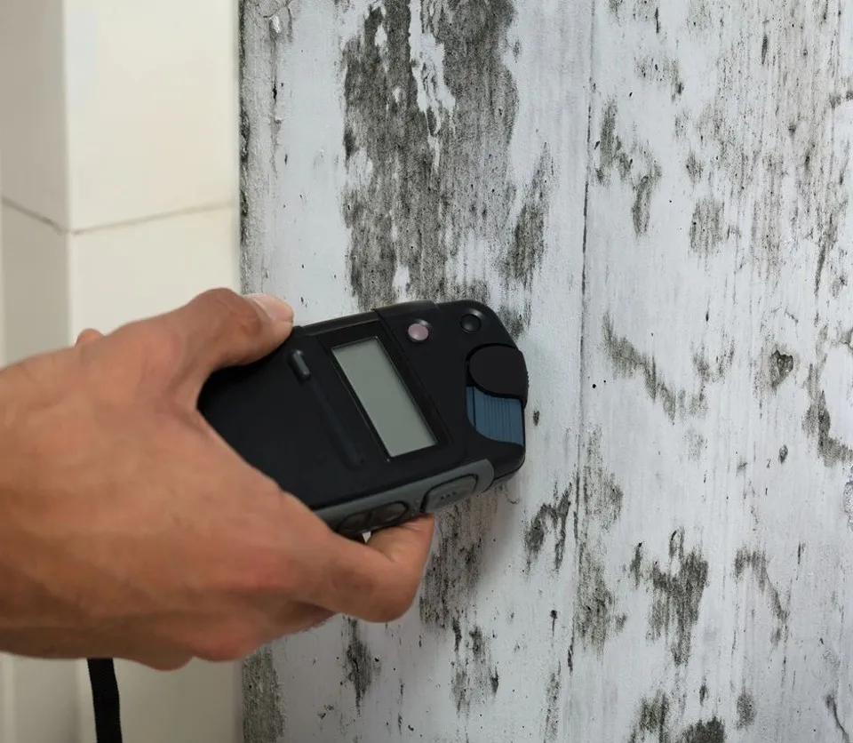 Moisture meter held against a mold-covered wall